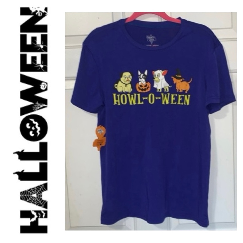 🦋 MAIN AND LOCAL Men’s Purple Dog Halloween Top HOWL-O-WEEN Tee NWT M